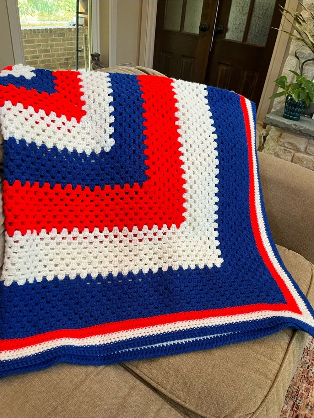 Vintage Crochet Granny Throw Blanket Afghan Red White Blue Patriotic 64